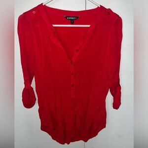 Express Red 3/4 Sleeve Notched Collar Blouse